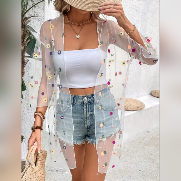 Tops - New Floral Embroidered Mesh Open Front Cover Up Blouse Large